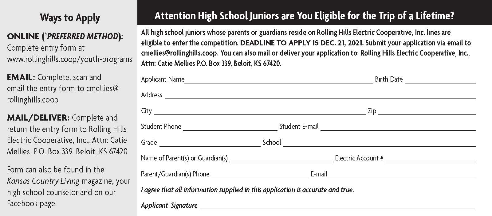 Youth Tour Application Form (page 2)