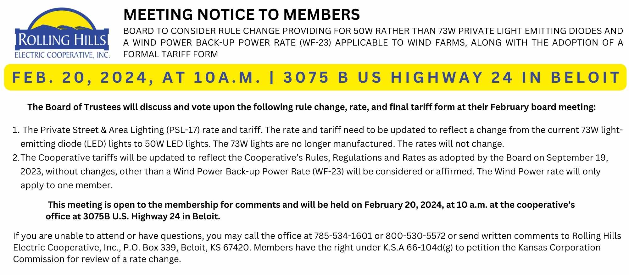 Meeting Notice for Rates and Tariffs in February 2024